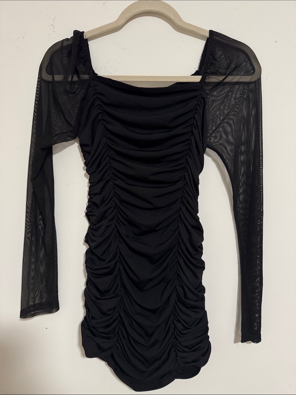 Black Ruched Long-Sleeve Mesh Evening Dress